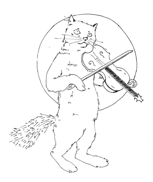 drawing of cat fiddling under the moon