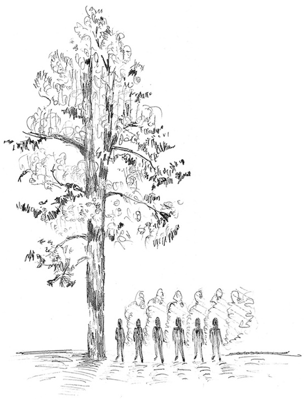 drawing of six silhouettes smoking near a very tall ponderosa